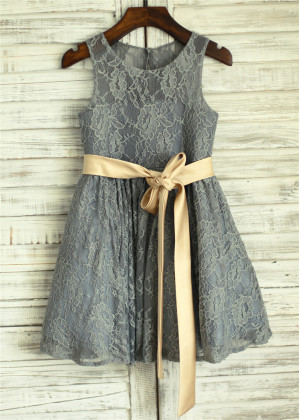 Gray Lace Flower Girl Dress With Champagne Sash Gray Lace Flower Girl Dress With Champagne Sash